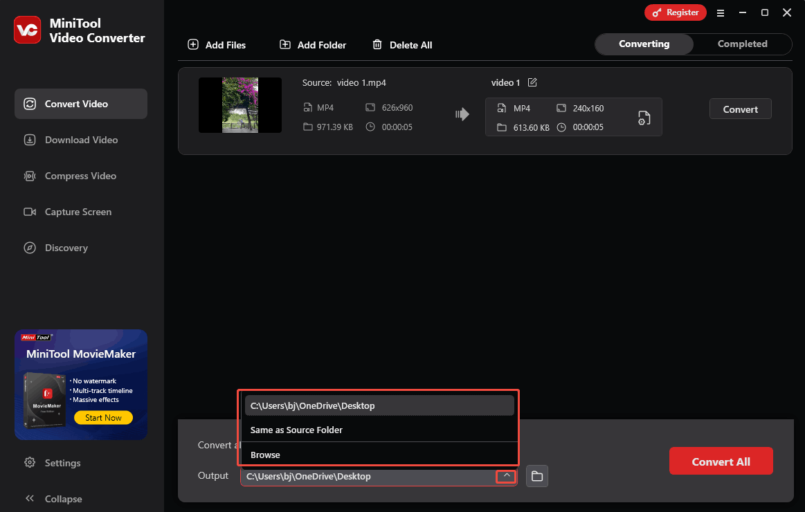 Expand the bottom Output option to choose a saving path for the converted file in MiniTool Video Converter