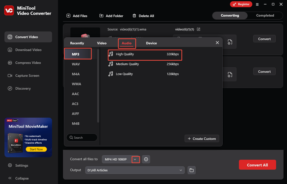 Expand the Convert all files to option in MiniTool Video Converter and choose MP3 High Quality as the output format