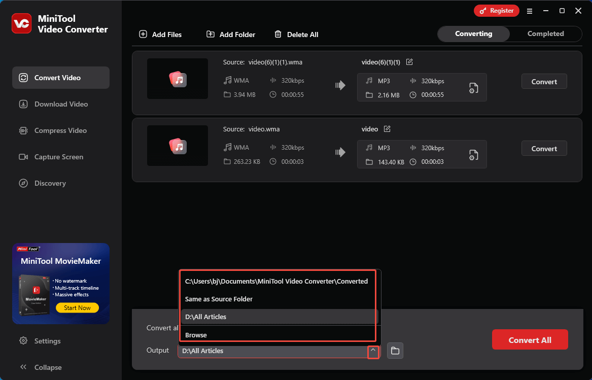 Expand the Output option in MiniTool Video Converter to choose a saving path for the converted files