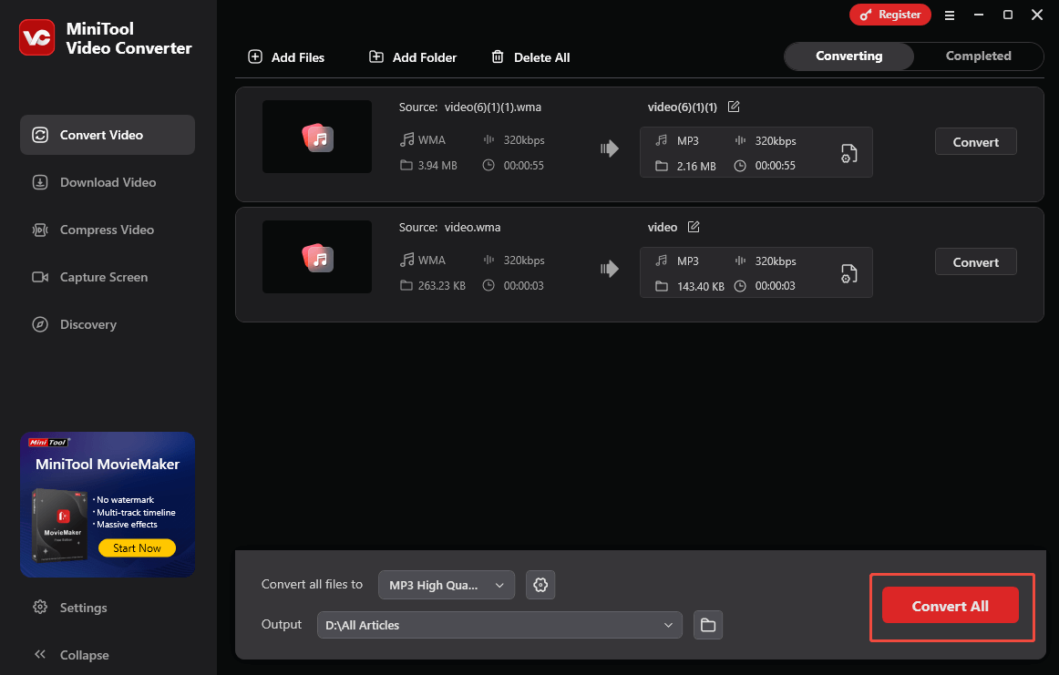 Click on Convert All in MiniTool Video Converter to start the conversion process