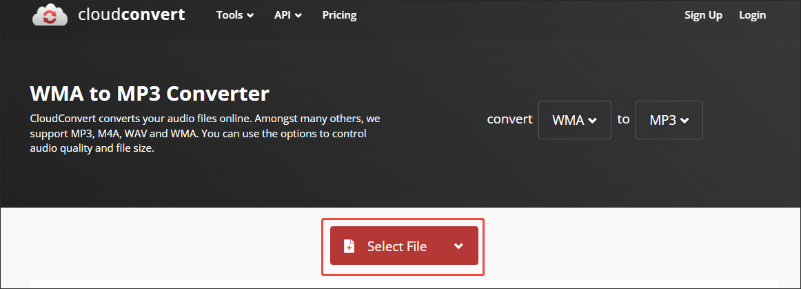 Click on Select File in CloudConvert to import your WMA files