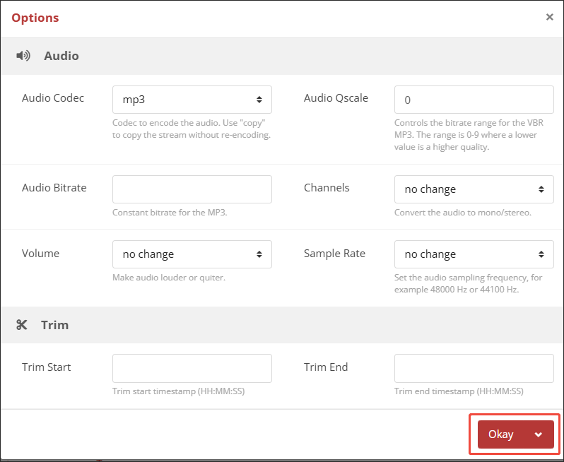 Specify the conversion settings in the Options window of CloudConvert