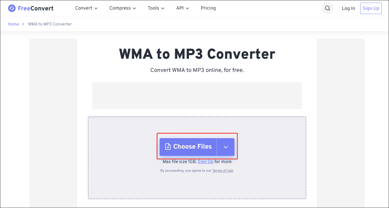 Click on Choose Files in FreeConvert to upload your WMA files