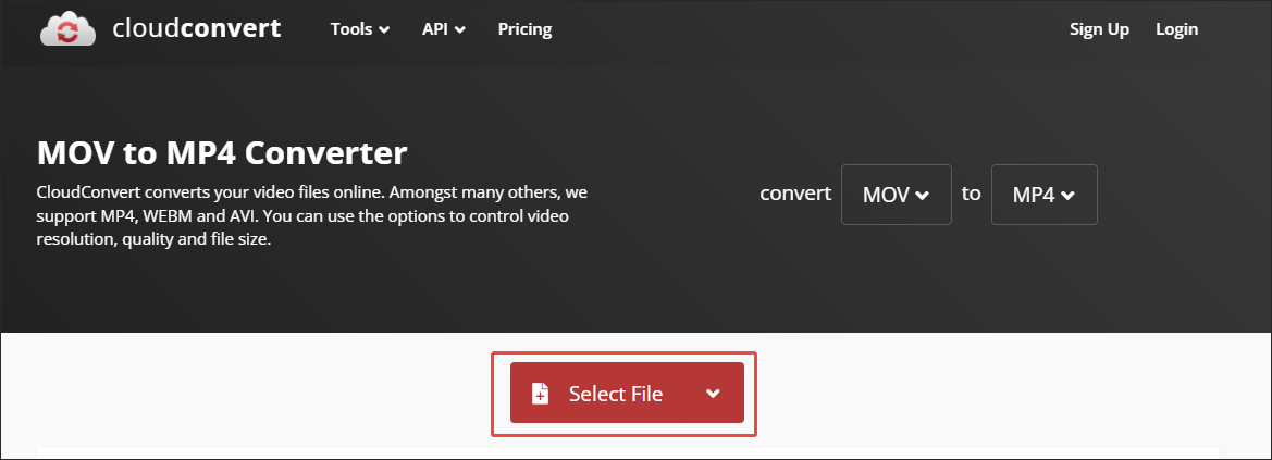 Click on Select File in CloudConvert to import your MOV files