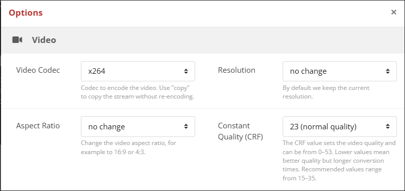 The Video section of CloudConvert’s Options window