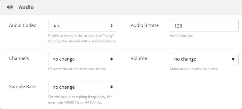 The Audioo section of CloudConvert’s Options window