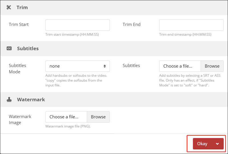 The Trim and Subtitles section of CloudConvert’s Options window