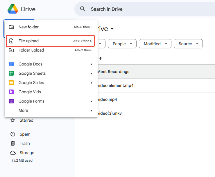 Click on File upload in Google Drive to import your MOV file