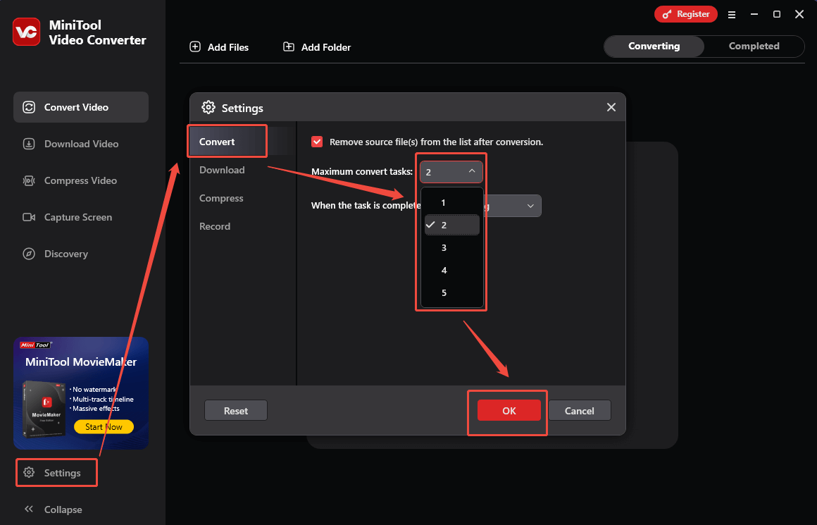 Configure the maximum conversion tasks in the Settings window of MiniTool Video Converter