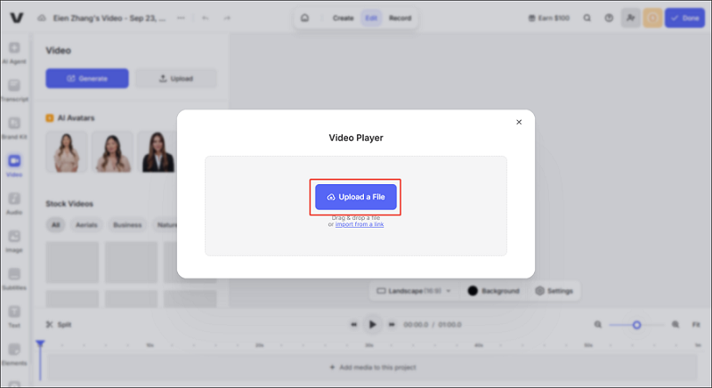 Click on Upload a File in VEED.IO to import the MOV file you want to view