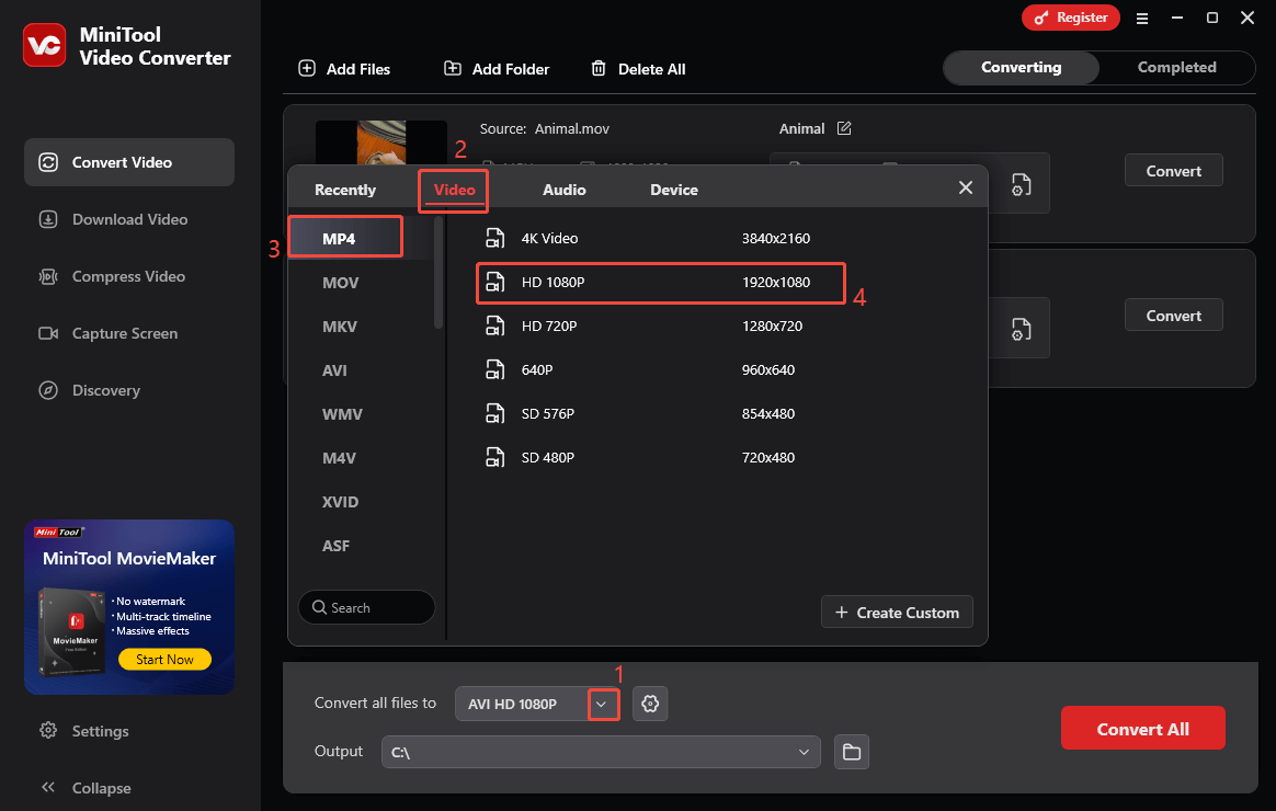 Expand the Convert all files to option in MiniTool Video Converter and choose MP4 HD 1080P as the output format
