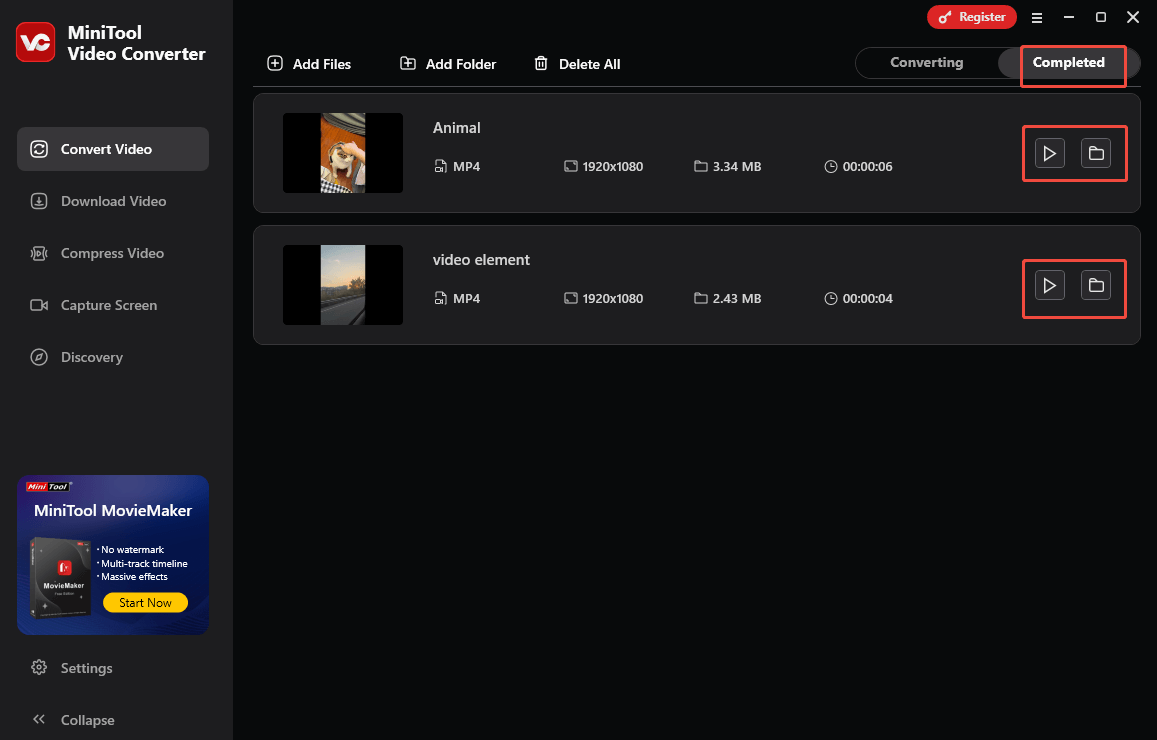 Click on the Play icon or the Folder icon in the Completed section of MiniTool Video Converter’s Convert Video tab to view or locate the converted files