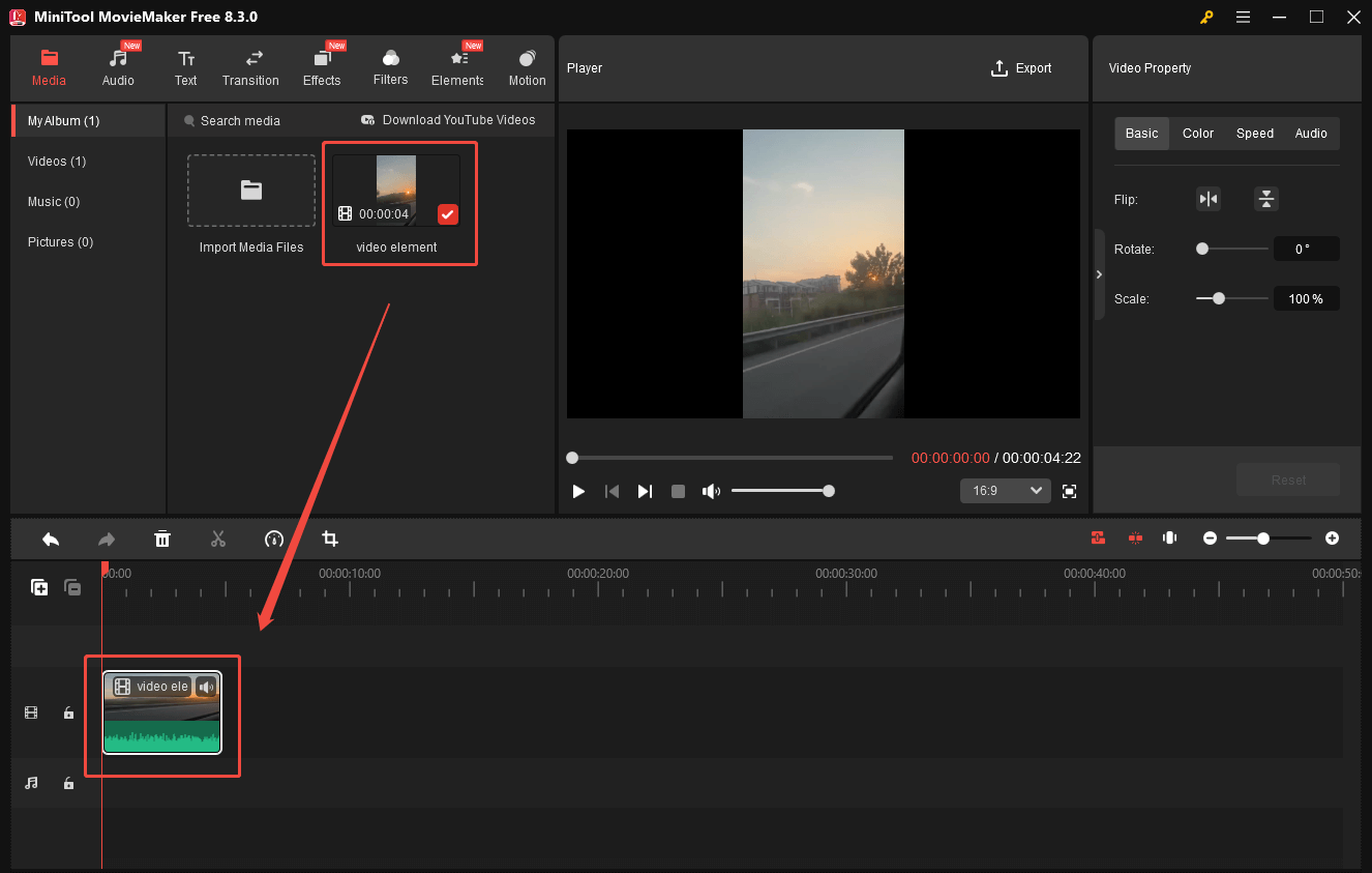 Add the MOV file to the timeline of MiniTool MovieMaker