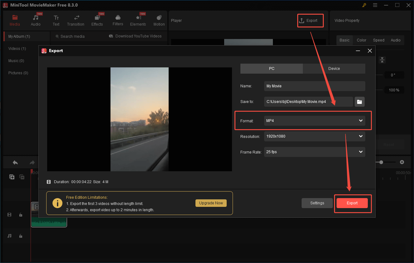 Specify the output settings and click on the Export button in MiniTool MovieMaker to save the converted video