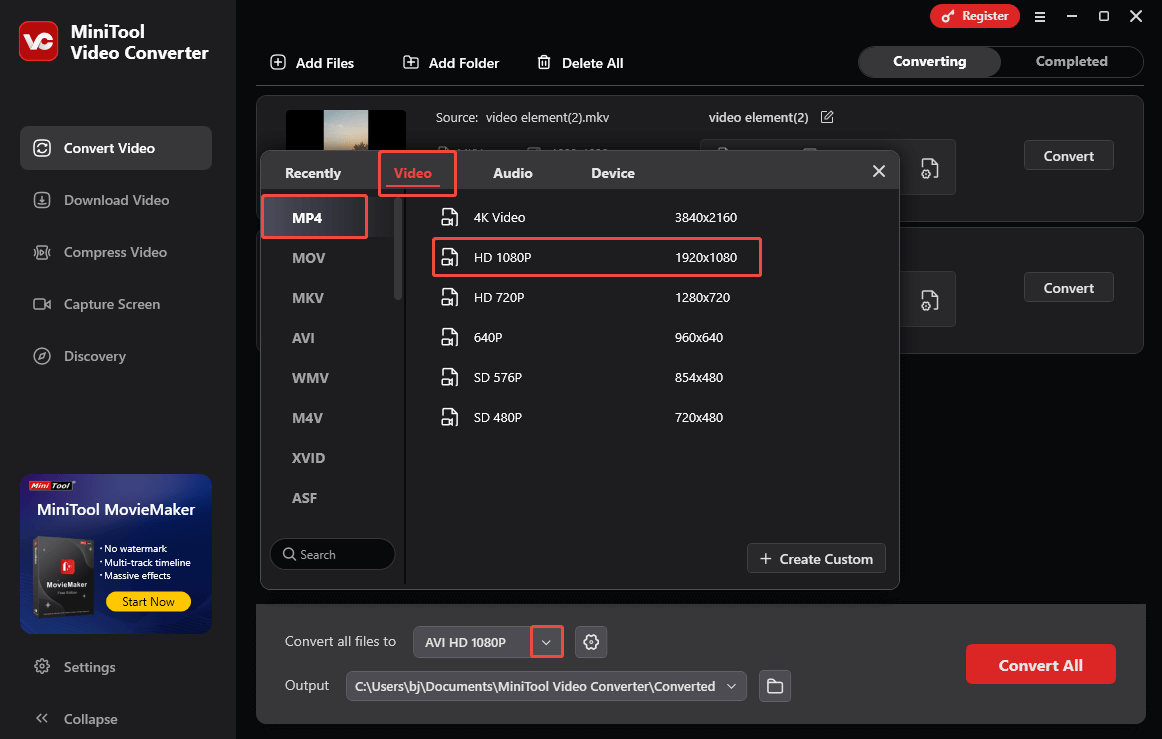 Expand the Convert all files to option in MiniTool Video Converter and choose MP4 HD 1080P as the output format
