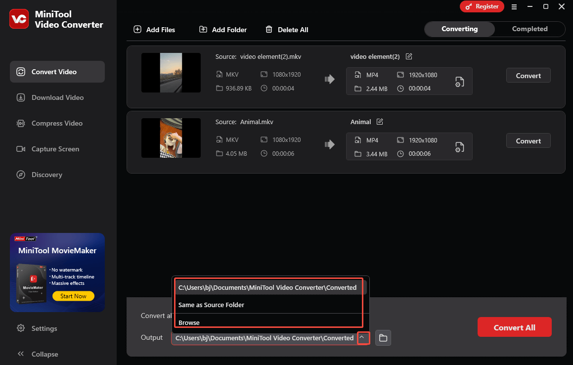 Expand the Output option in MiniTool Video Converter to choose a saving path for the converted files