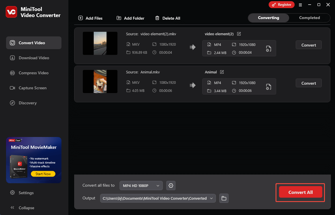 Click on the Convert All in MiniTool Video Converter to start the conversion process