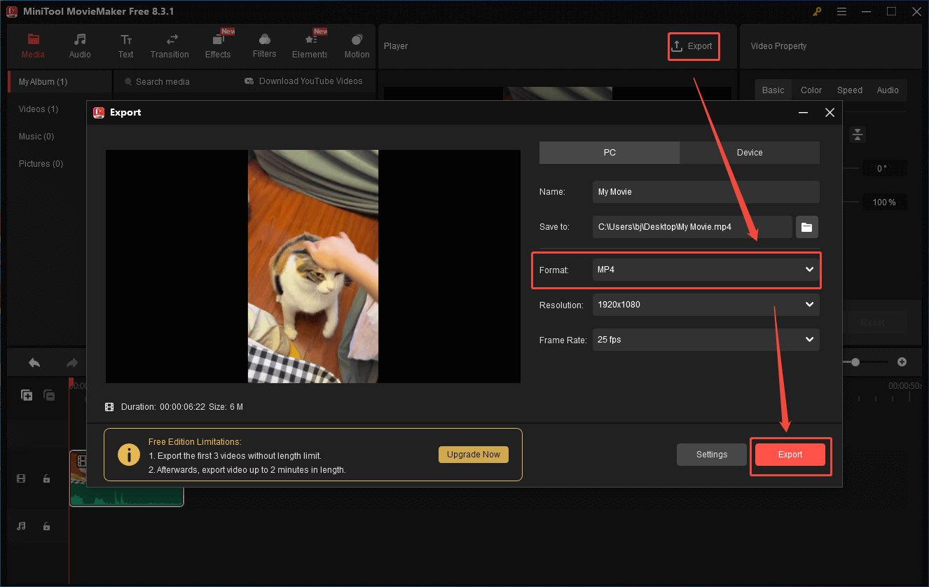 Configure the output settings and click on Export in MiniTool MovieMaker to save the converted video