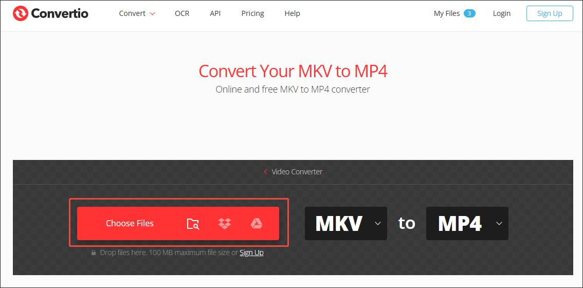 Click on Choose Files in Convertio to import your MKV videos