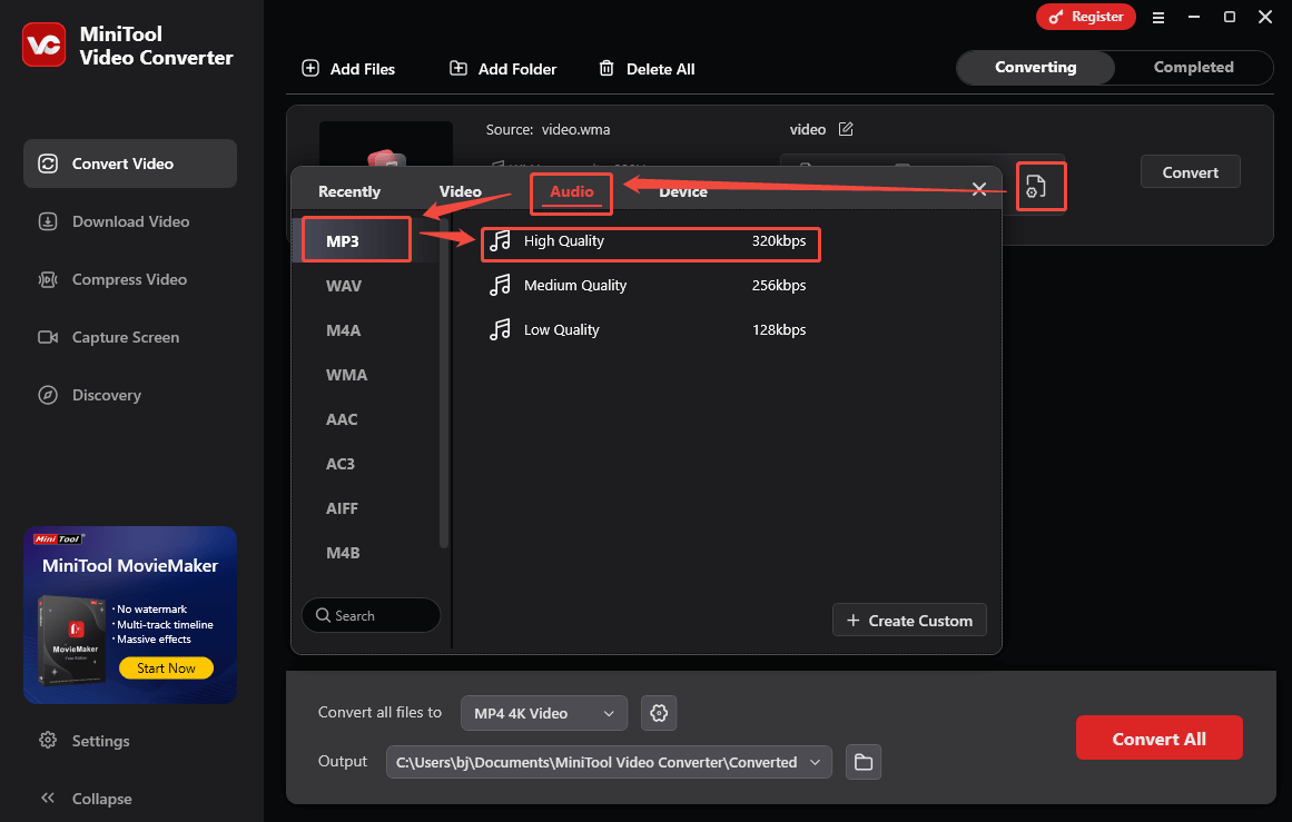 Click on the Settings icon in MiniTool Video Converter to enter the output format window and choose MP3 High Quality as the output format