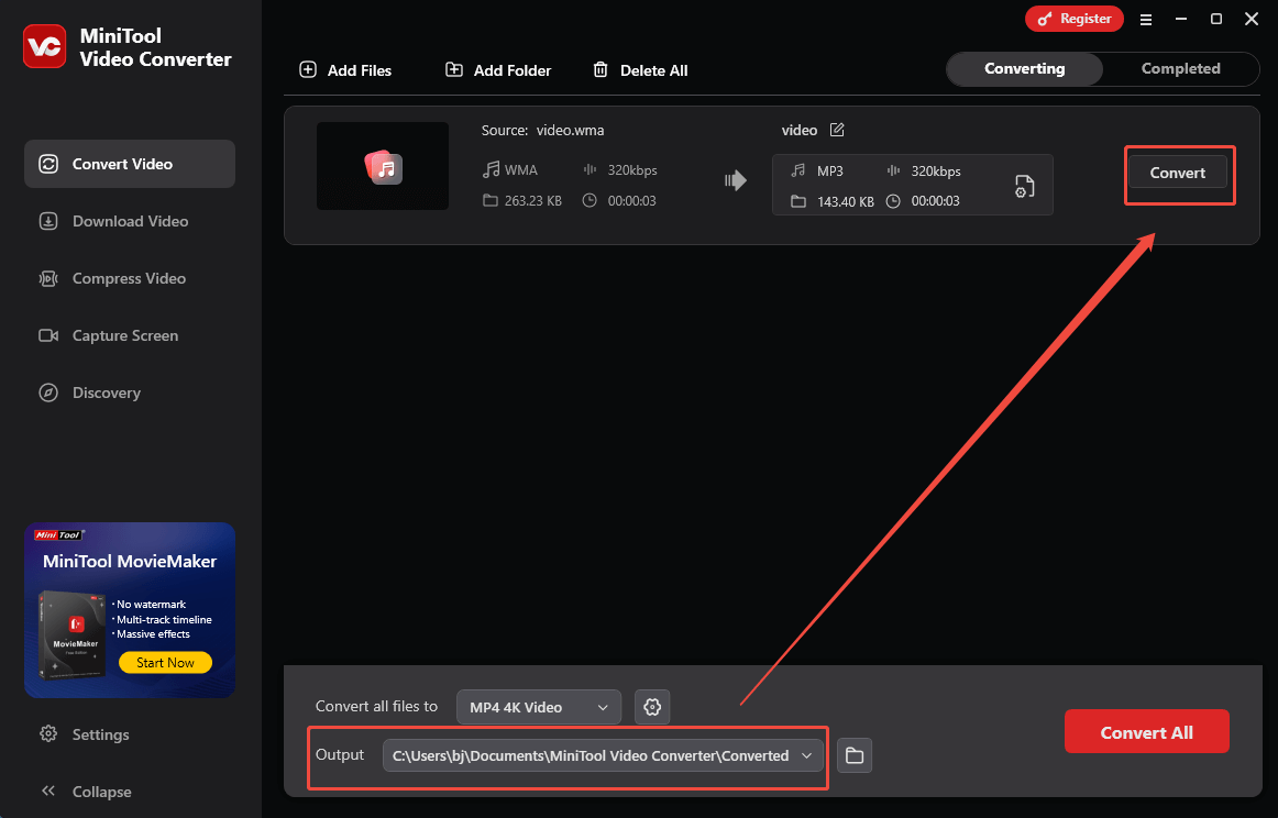 Expand the Output option in MiniTool Video Converter to choose a saving path and click on Convert to start conversion