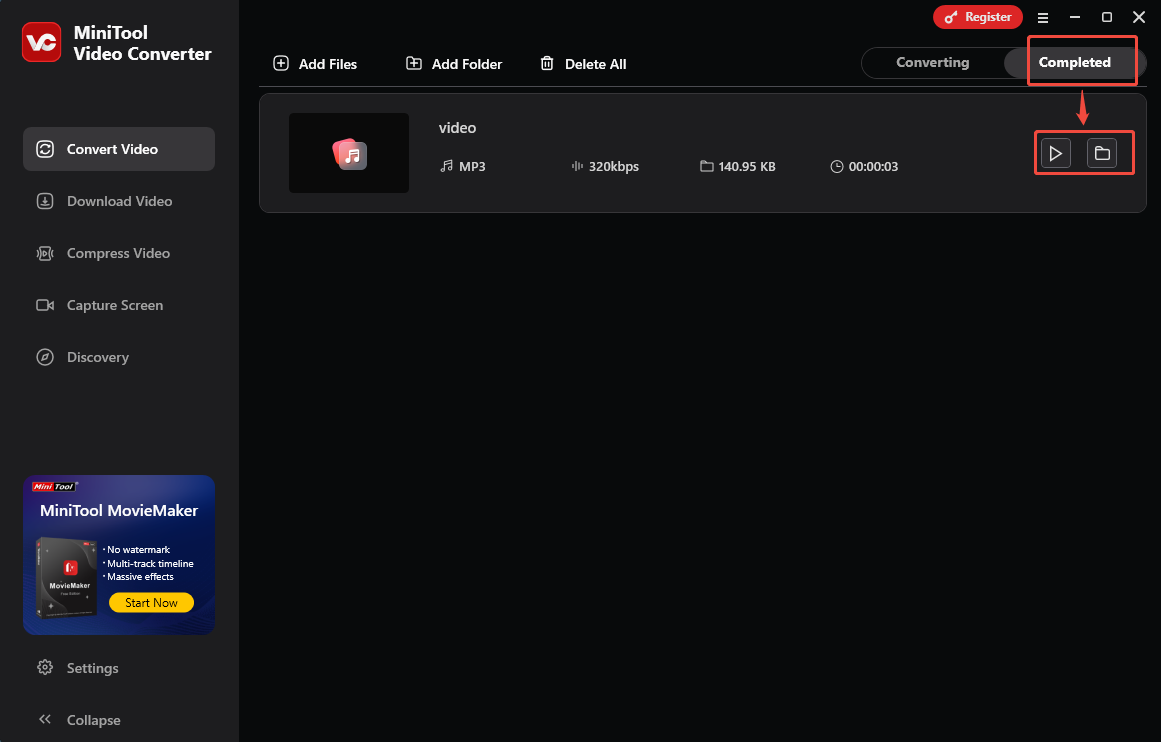 Click on the Play icon or the Folder icon in MiniTool Video Converter to view or locate the output file