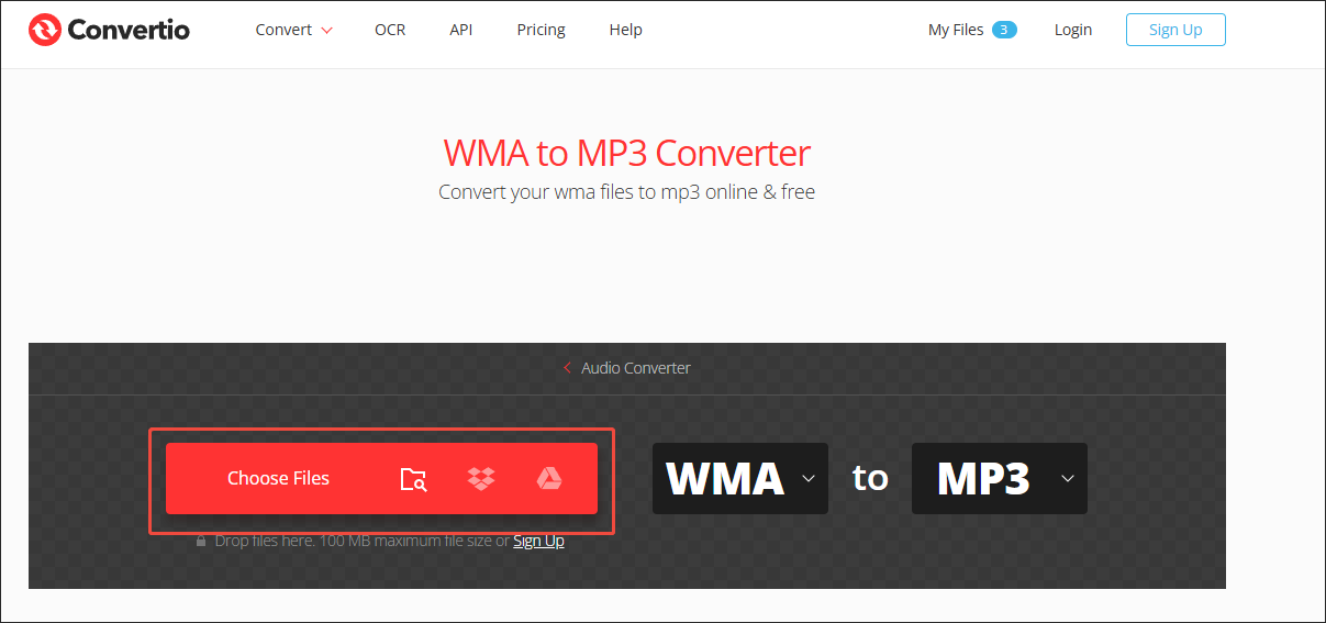 Click on Choose Files in Convertio to import the WMA file