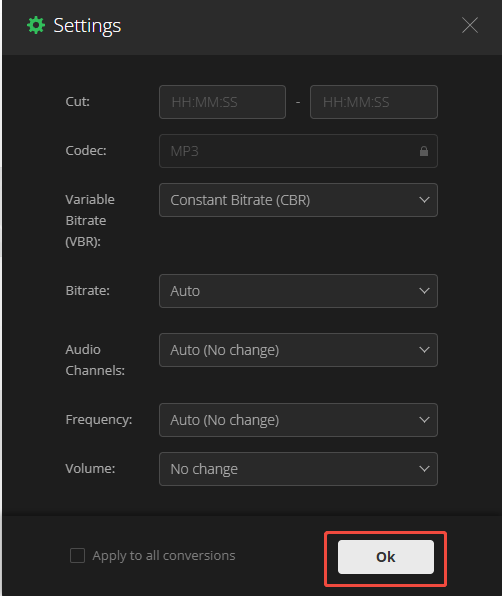 The Settings window of Convertio