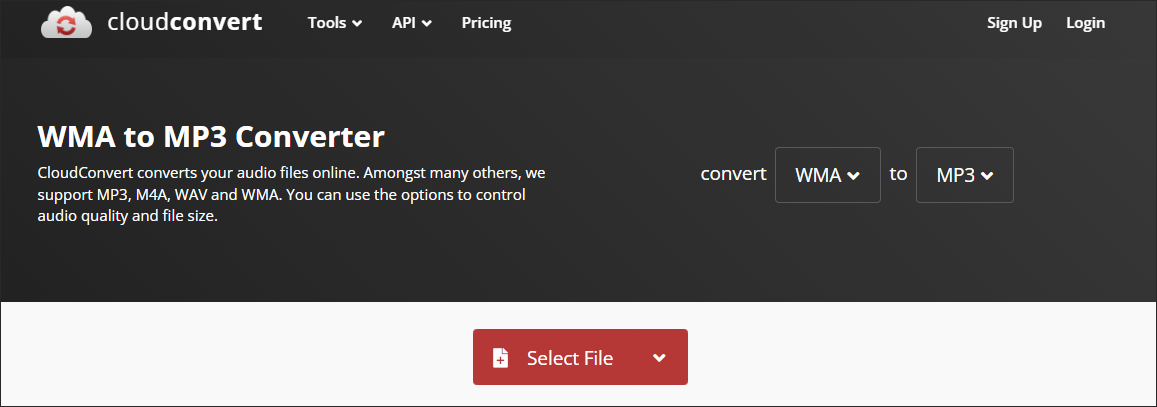 Click on Select File in CloudConvert to import your WMA file