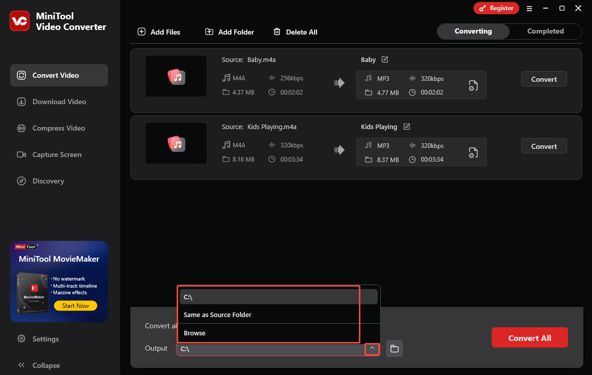 Expand the Output option in MiniTool Video Converter to choose a saving path for the converted files