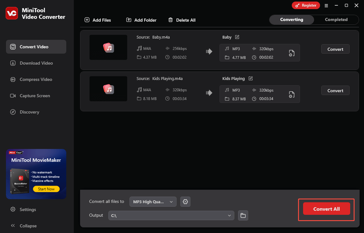 Click on Convert All in MiniTool Video Converter to begin the conversion process