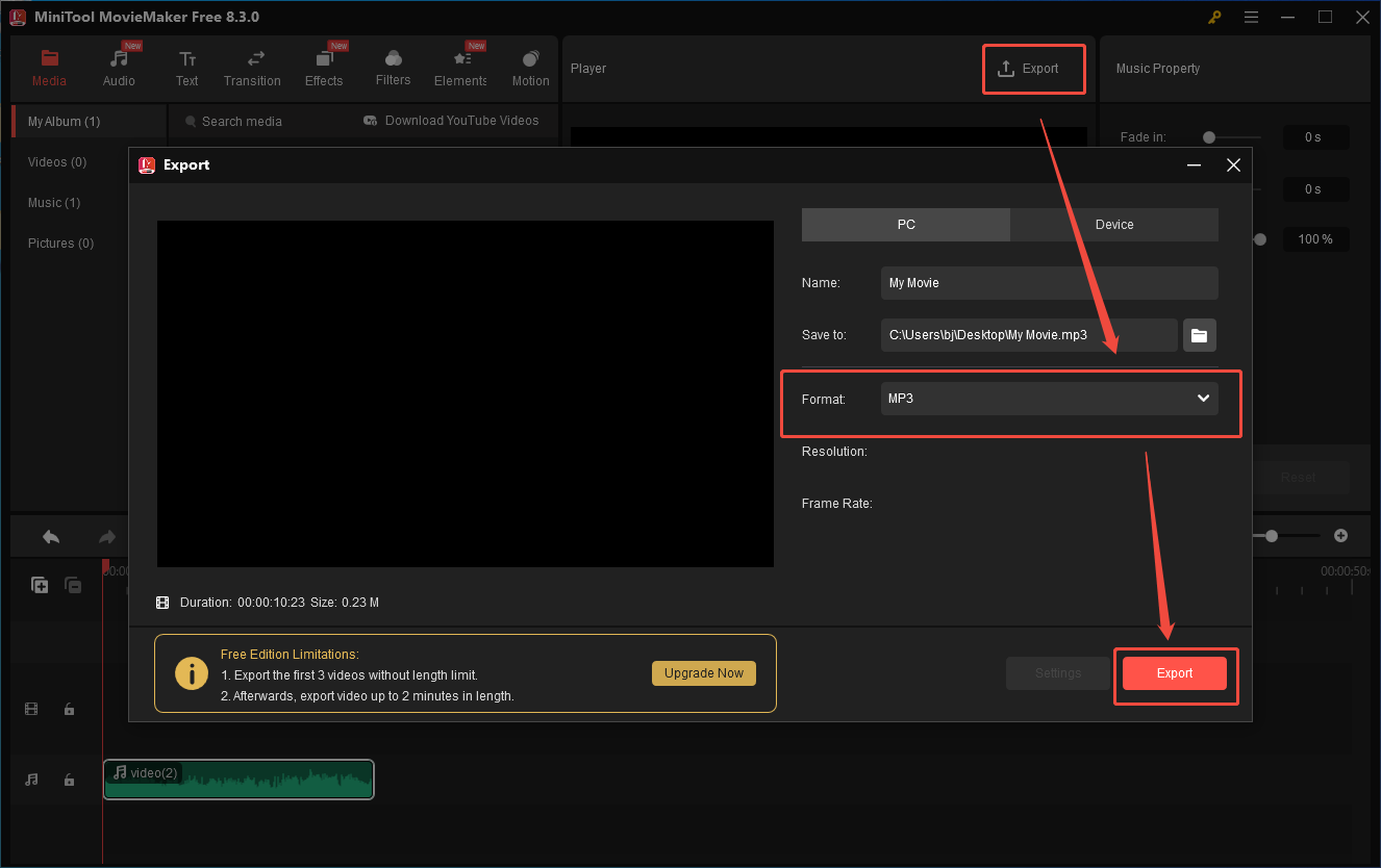 Specify the output settings and click on Export in MiniTool MovieMaker to save the converted file
