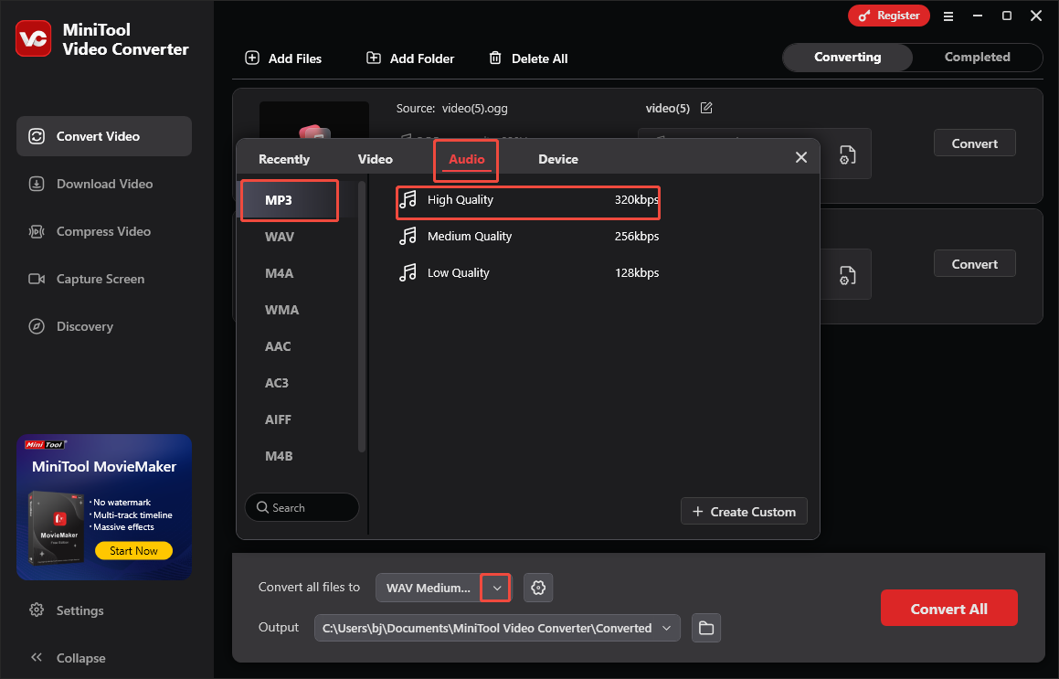 Expand the Convert all files to option in MiniTool Video Converter and choose MP3 High Quality as the output format