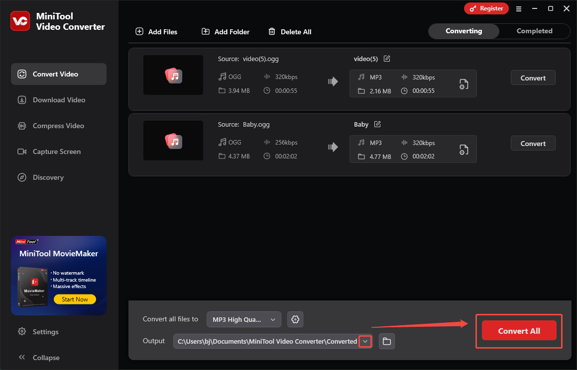 Choose a saving path and click on Convert All in MiniTool Video Converter to begin the conversion process