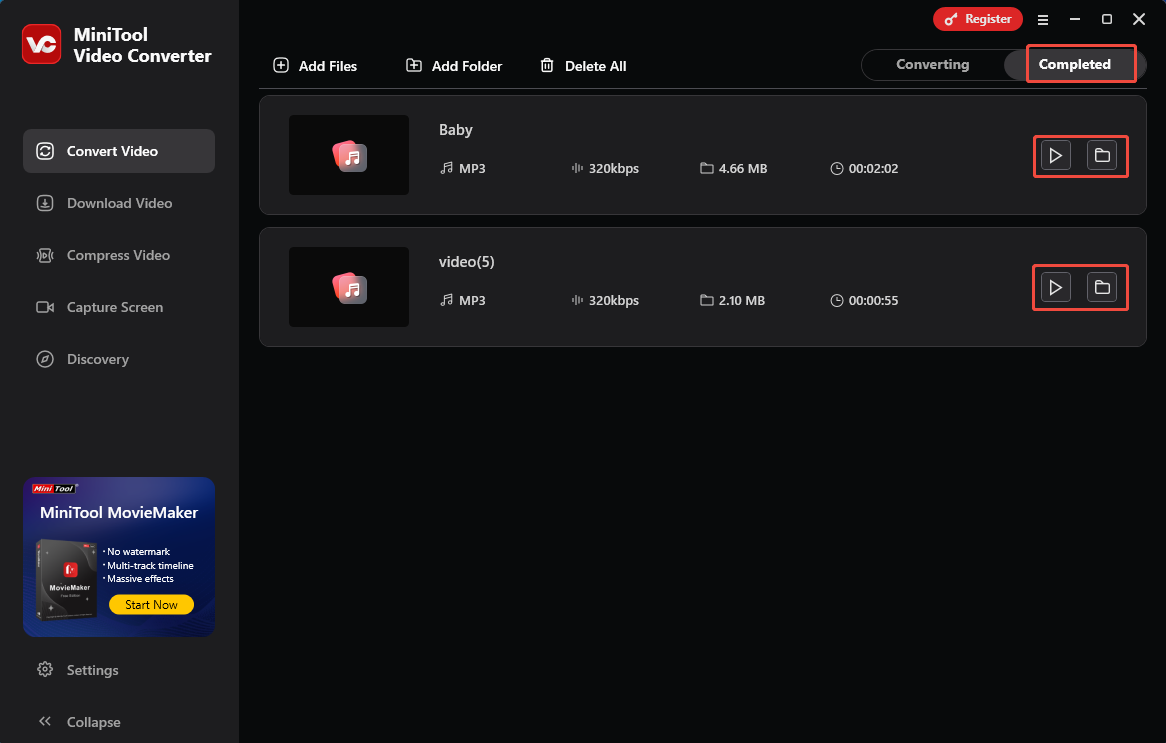 Click on the Play icon or Folder icon in MiniTool Video Converter to view or locate the converted files