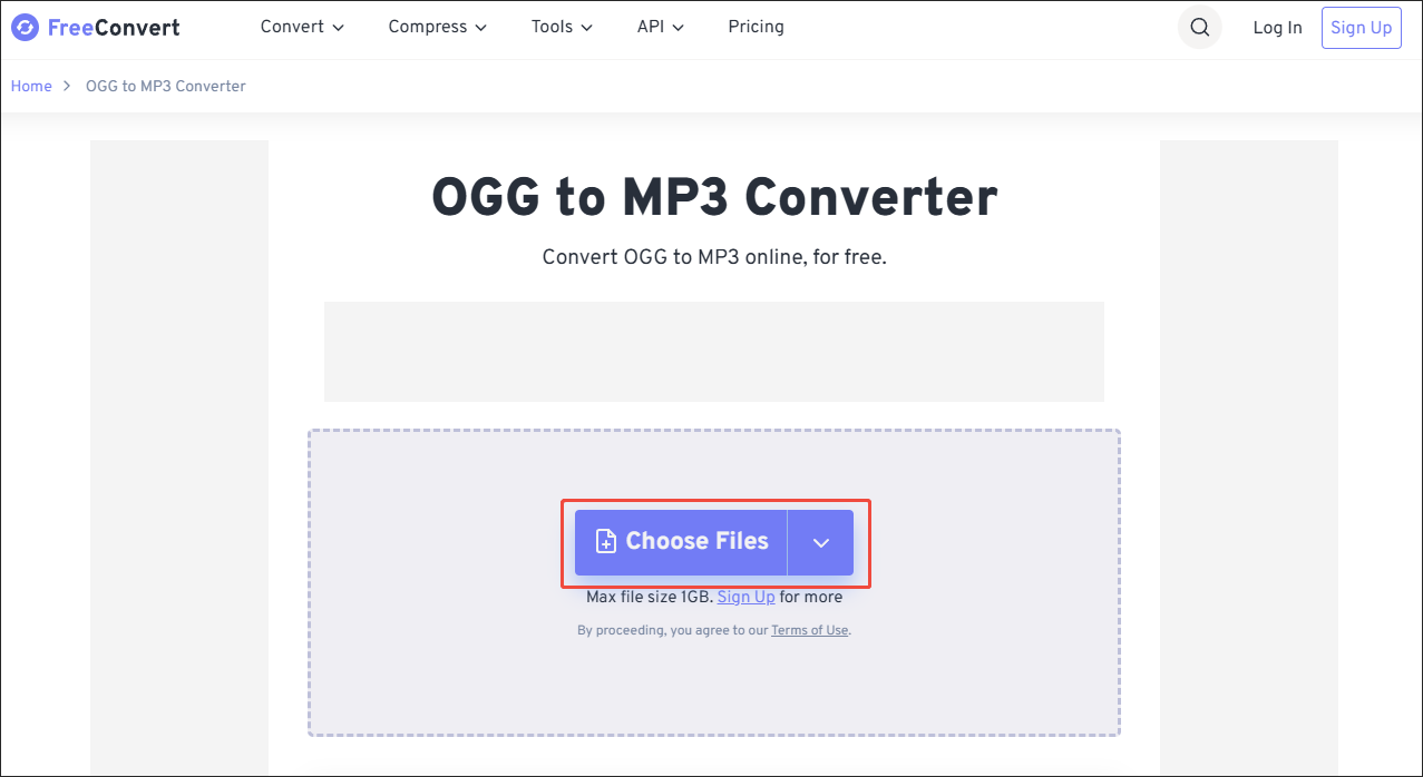 Click on Choose Files in FreeConvert to import your OGG files