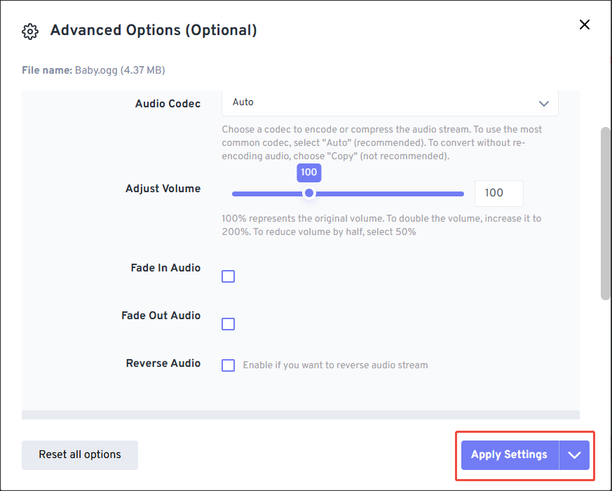 The Advanced Options window of FreeConvert