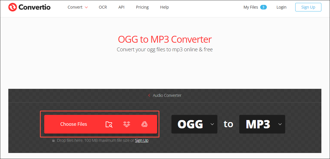 Click on Choose Files in Convertio to import your OGG files