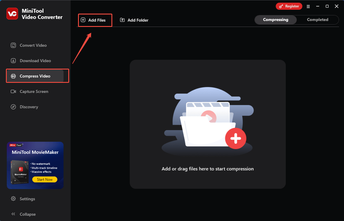 Click on Add Files in the Compress Video tab of MiniTool Video Converter to import the LiveText videos