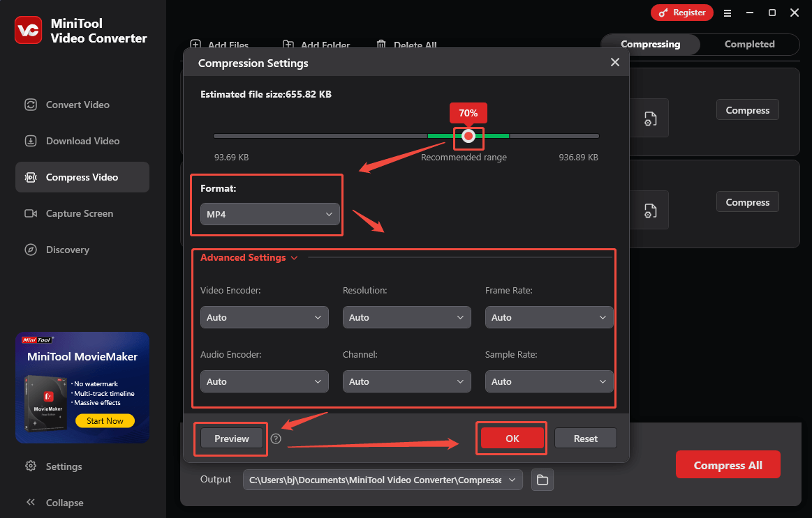 Specify the compression settings in the Compression Settings window of MiniTool Video Converter