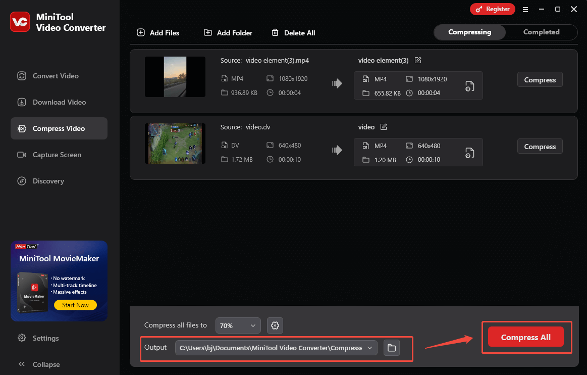 Expand the Output option and click on Compress All in MiniTool Video Converter to start the compression process