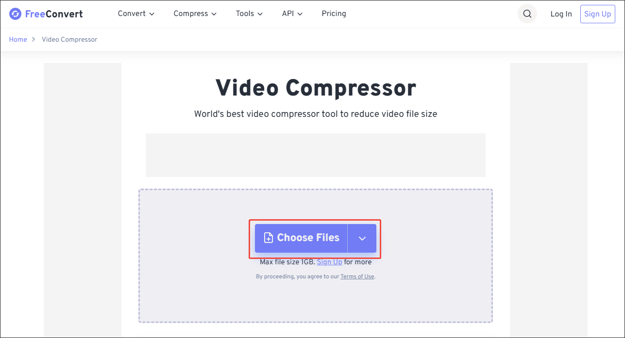 Click on Choose Files in FreeConvert Video Compressor to import the LiveText video