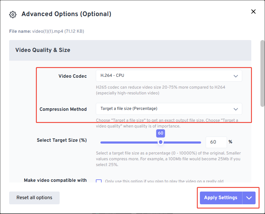 Specify the compression settings in FreeConvert Video Compressor