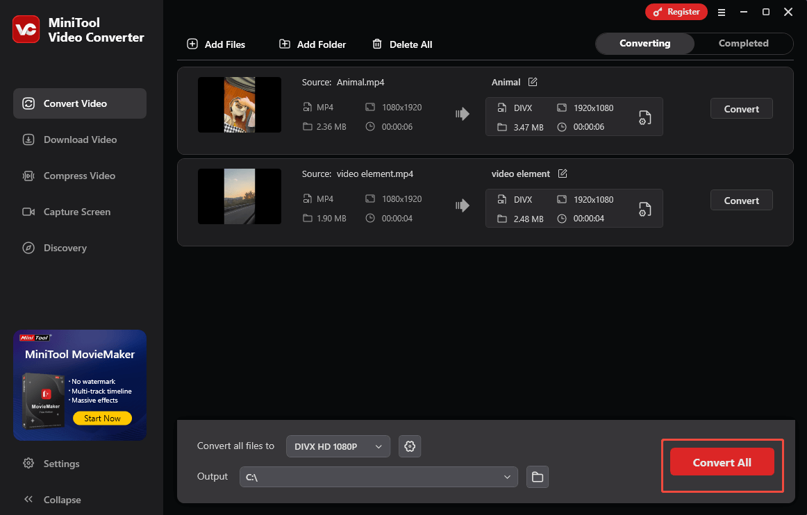 Click on Convert All in MiniTool Video Converter to begin the conversion process