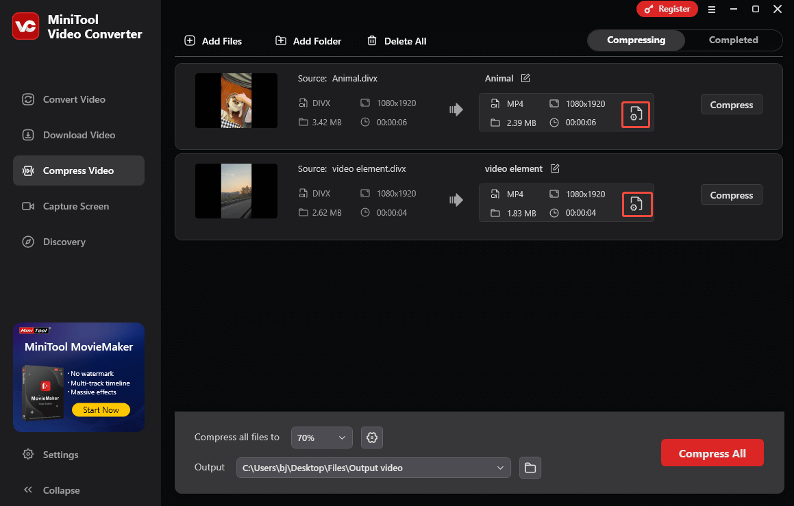 Click on the Settings icon in MiniTool Video Converter’s Compress Video tab to enter the Compression Settings window