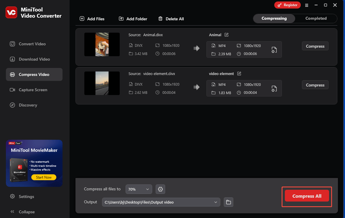 Click on Compress All in MiniTool Video Converter to start the compression process