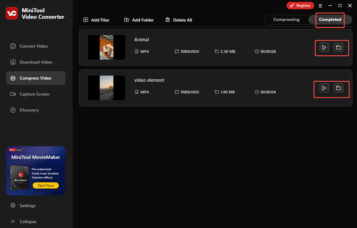 Click on the Play icon or the Folder icon in the Completed section of MiniTool Video Converter’s Compress Video tab to view or check the compressed videos