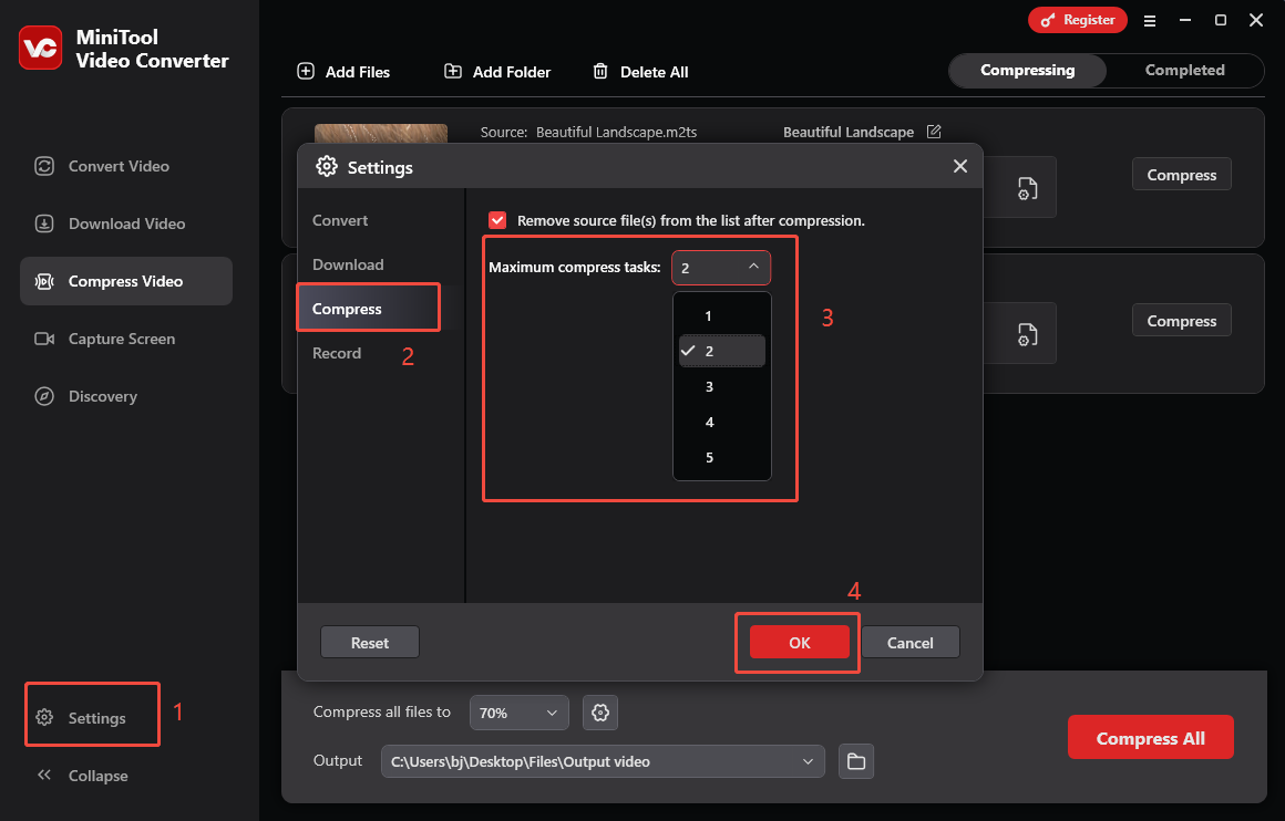 Configure the maximum compression tasks in the Settings window of MiniTool Video Converter