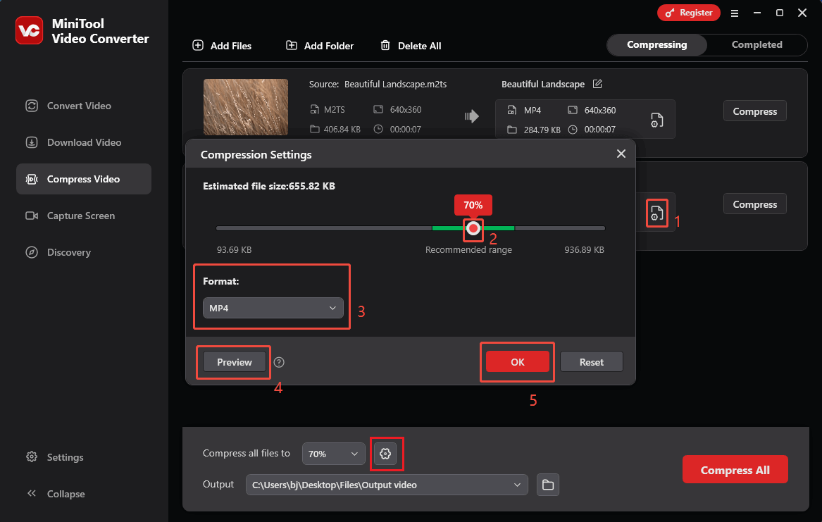 Configure the compression settings in the Compression Settings window of MiniTool Video Converter