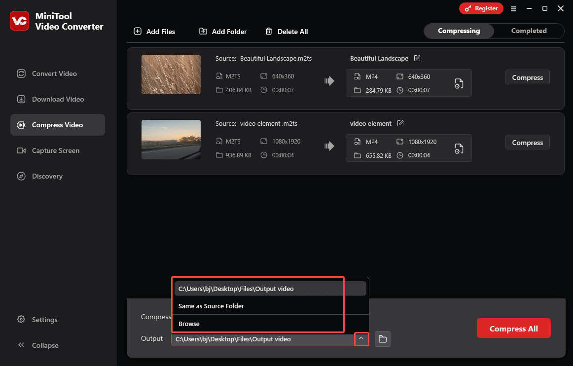Expand the Output option in MiniTool Video Converter to choose a saving path for the compressed files